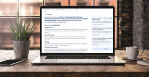 Laptop screen displaying Google AI Overview explanation with search results sidebar, illustrating how the feature summarizes web content.