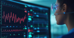 A clinician monitors real-time patient data using AI-powered systems designed to optimize care delivery and resource allocation across hospital networks.
