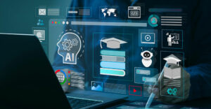 Person using a laptop and tablet with holographic AI and education icons, including graduation caps, books, and chatbot symbols, representing AI integration in learning.