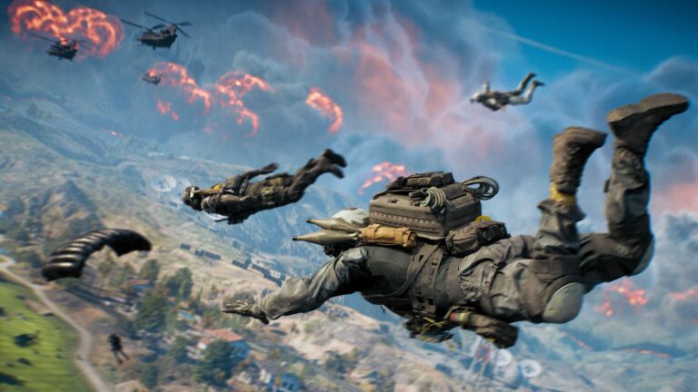 Soldiers drop in from the skies as explosions blast below them