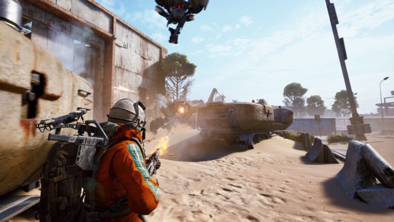 A Raider fires at a distant robotic spider-like enemy in a desert setting