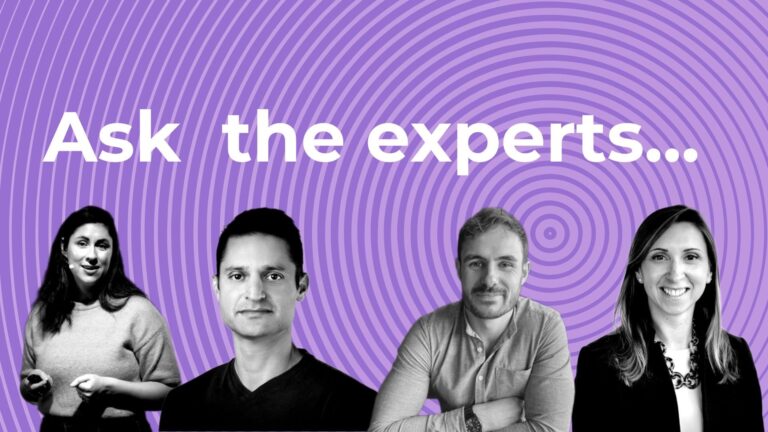 Headshots of website builder experts with a purple spiral background and white text over the top. 