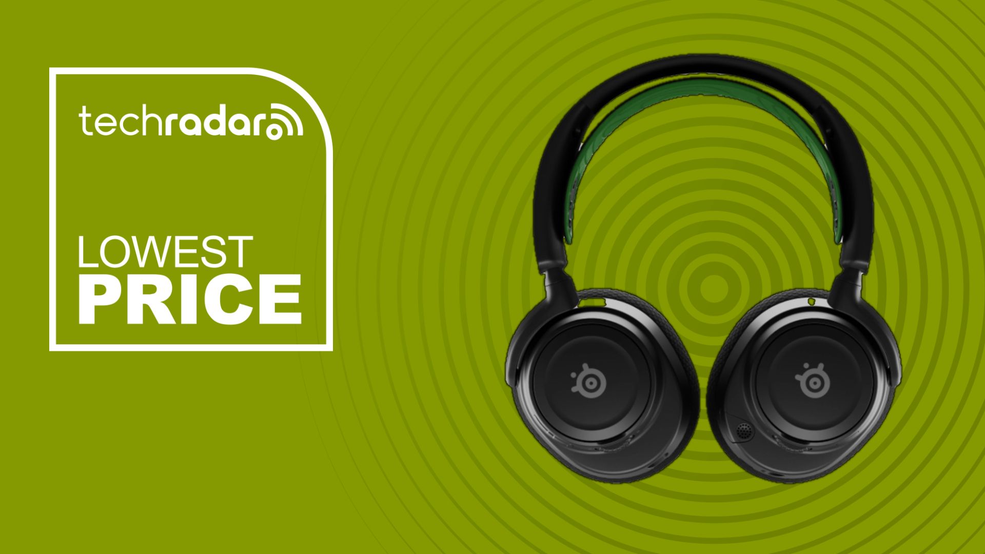 The SteelSeries Arctis Nova 7X against a lime green background. White text reads: techradar Lowest Price.
