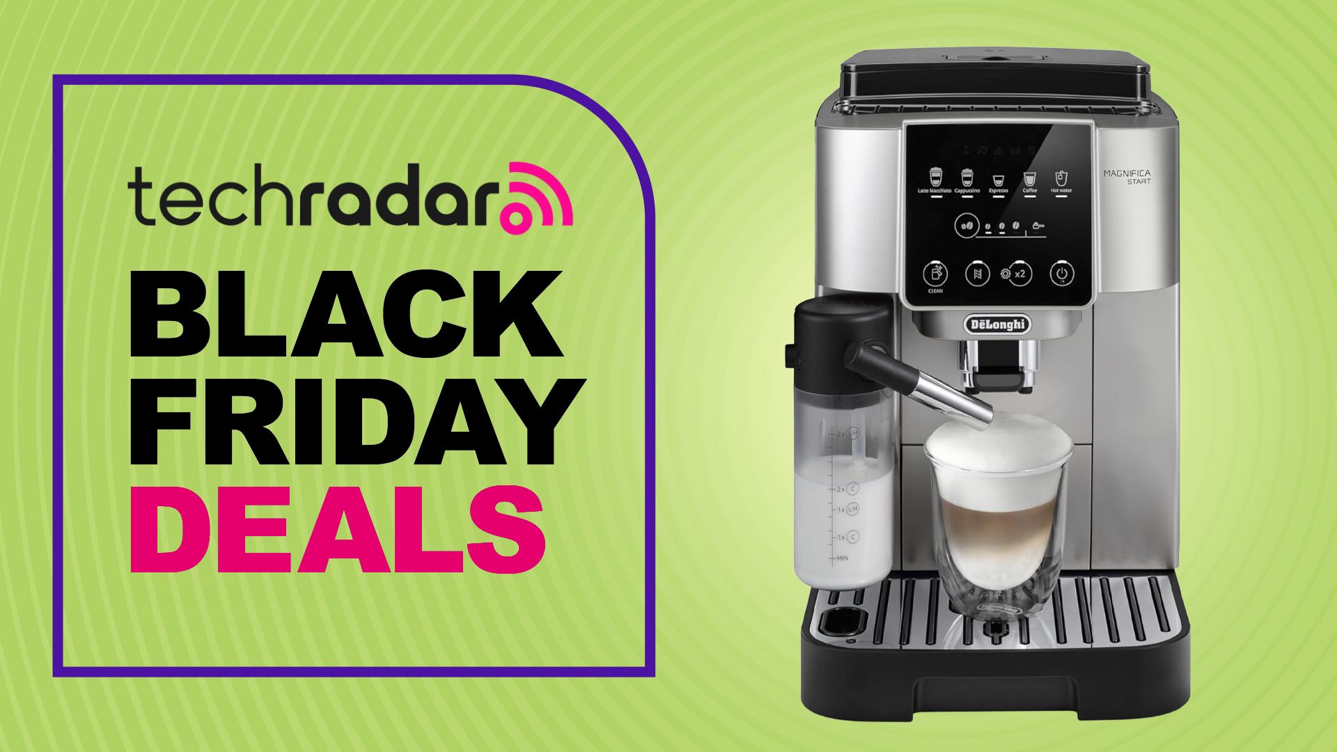 De'Longhi Magnifica Start coffee maker on green background with text 'TechRadar Black Friday Deals'