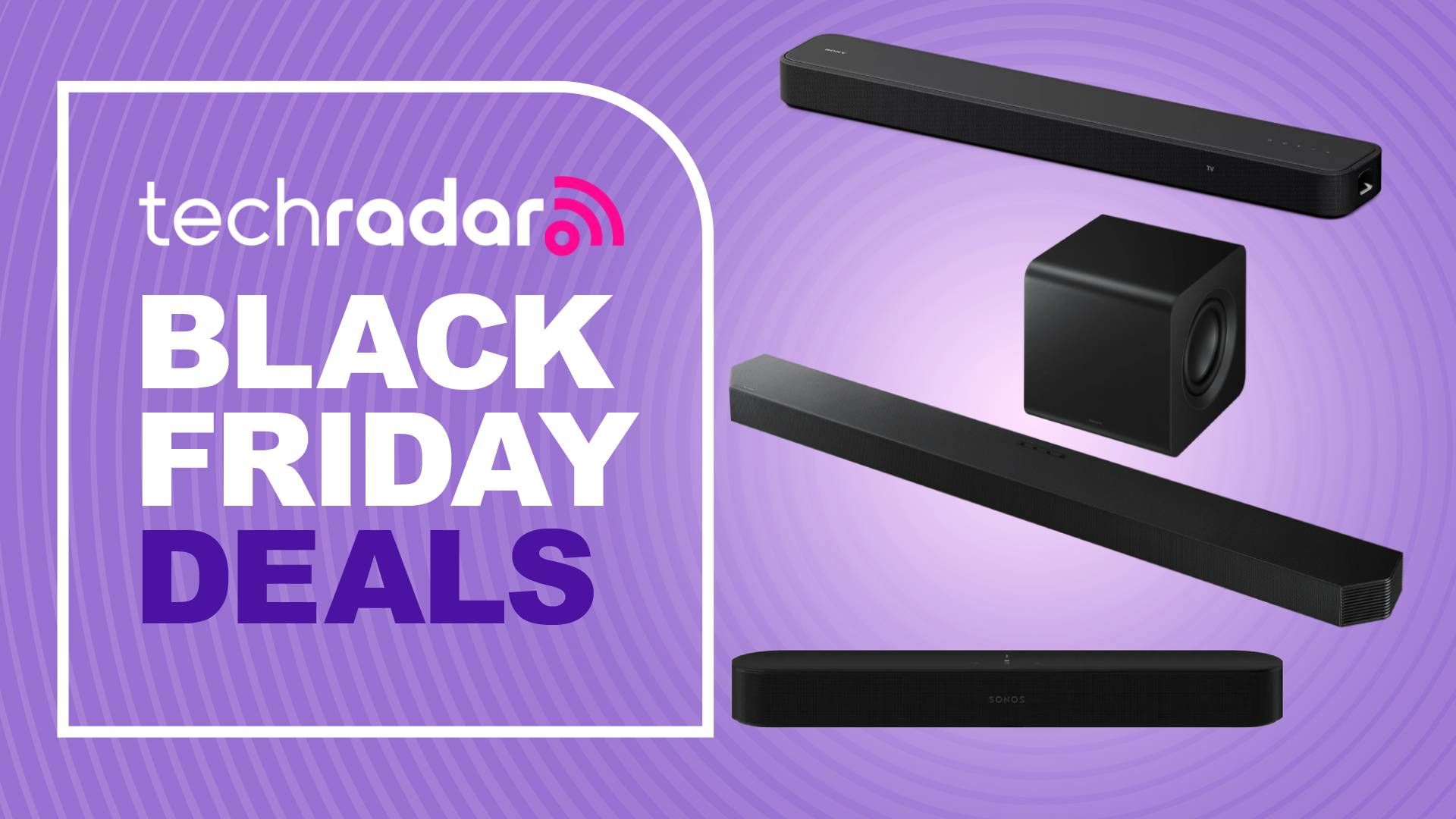 Dolby Atmos soundbars on purple background with the words 'TechRadar: Black Friday deals' on the left side of the image