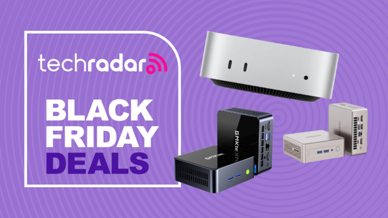 An Apple, Geekom, and GMKtec mini pc on a purple background next to a TechRadar badge reading 'Black Friday deals'