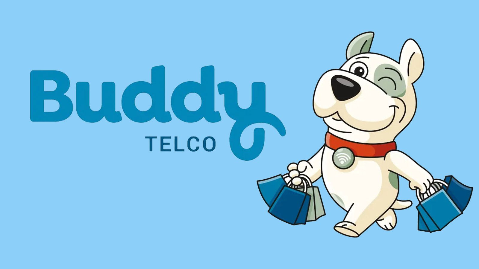 Buddy Telco dog mascot holding shopping bags, with the Buddy Telco logo on the left.