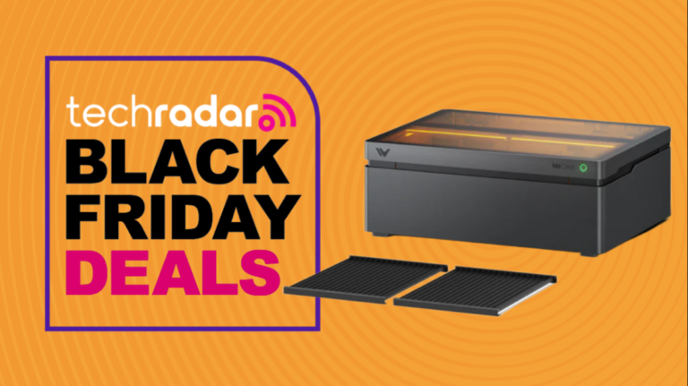 The WeCreat Vision Pro laser cutter on an orange background next to a TechRadar badge reading 'Black Friday deals'