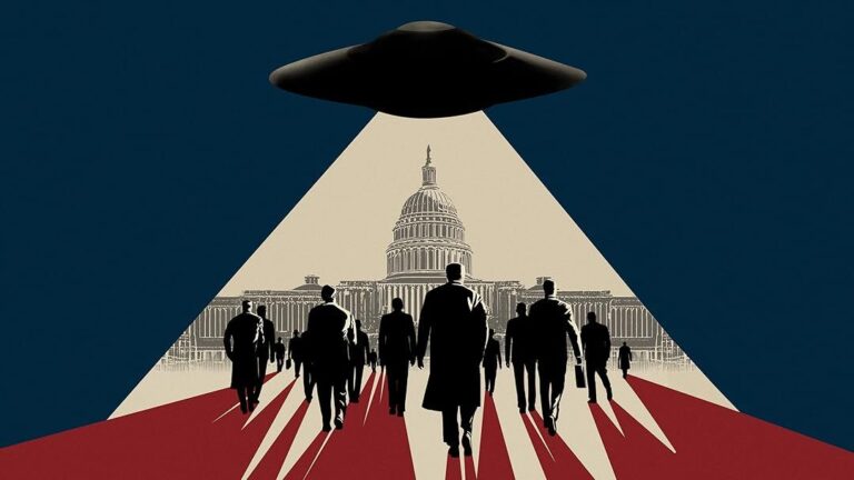The Age of Disclosure movie poster featuring a UFO hovering above US congress building &ndash; here's how to watch and stream The Age of Disclosure online and from anywhere