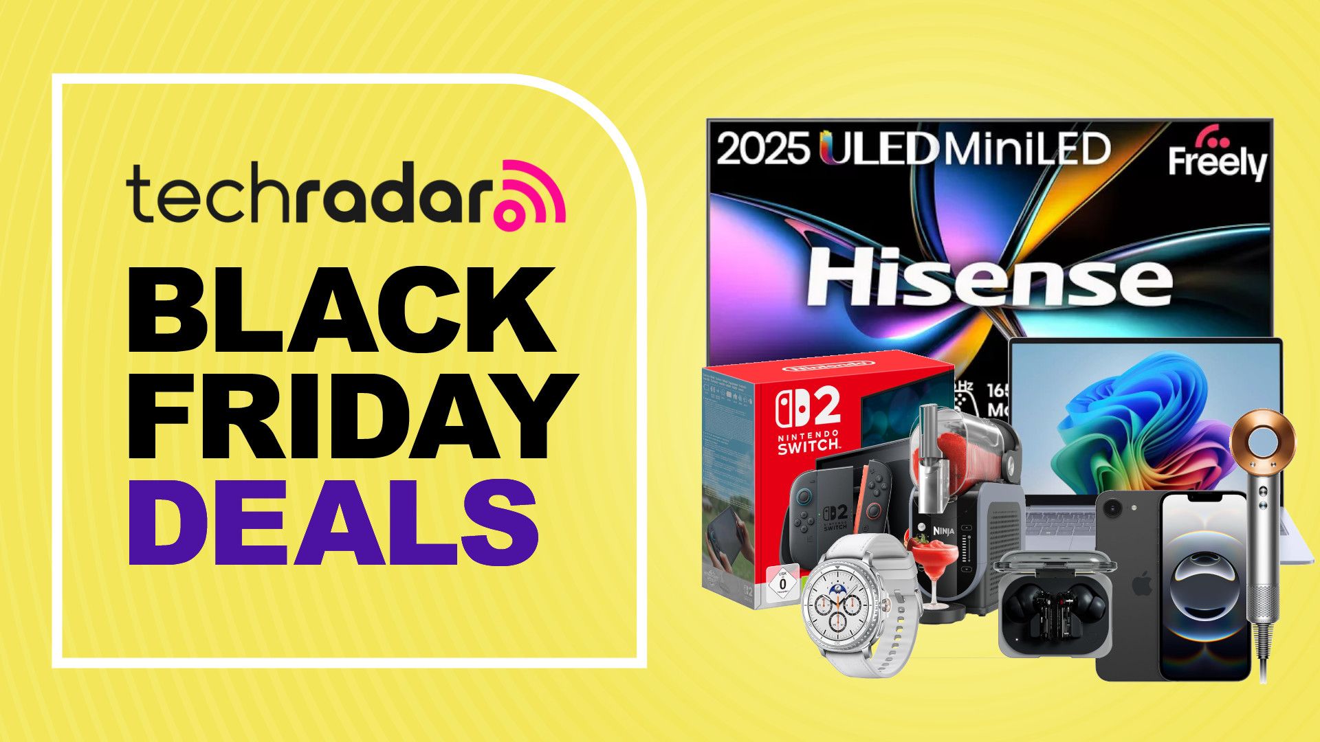 Collage of Black Friday deals in the UK, including Hisense TV, Nintendo Switch 2, Samsung laptop, Dyson Supersonic, Ninja Slushi, and Apple iPhone