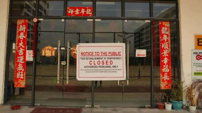 The entrance to a scam compound in Bamban, the Philippines, that was raided in March 2024. 