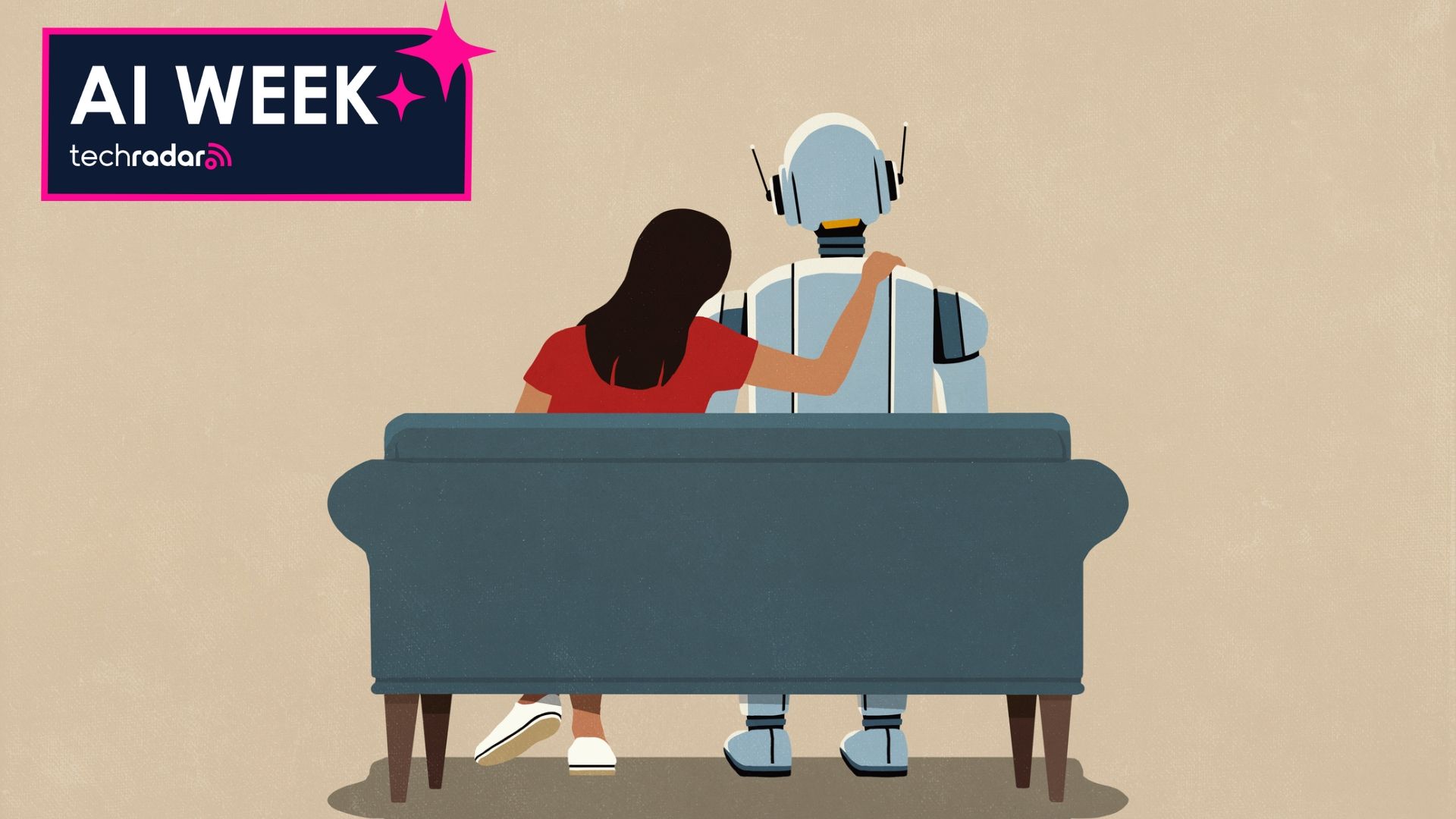 Affectionate woman with arm around AI robot on sofa - stock illustration