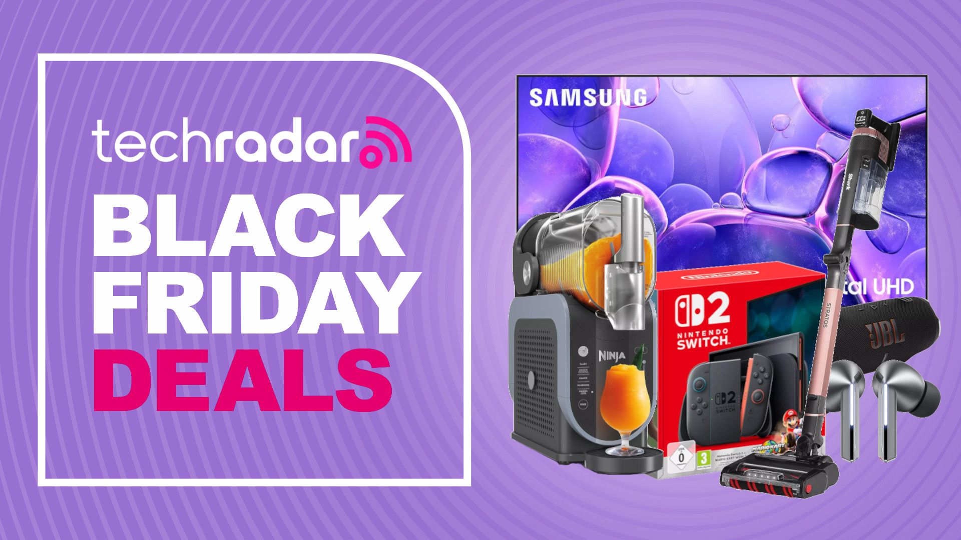 Collage of tech from the Very Black Friday sale, including Samsung TV, Switch 2, Ninja Slushi, Shark Vacuum, JBL speaker and Samsung earbuds