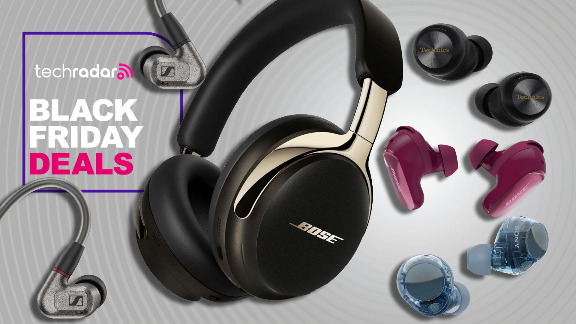 A selection of headphones and earbuds on gray background with TechRadar's 'Black Friday deals' badge