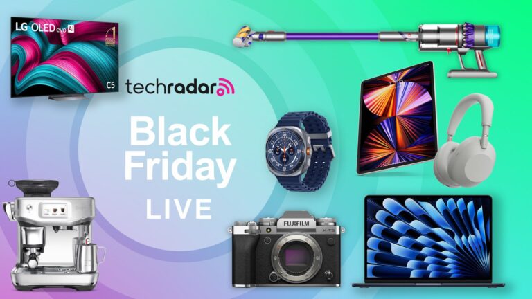 Assortment of tech and appliances on a coloured background with "Black Friday" text.