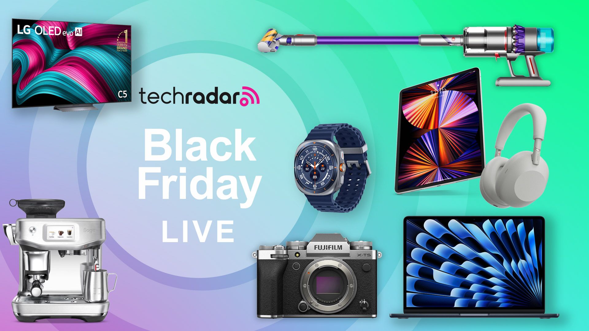 Assortment of tech and appliances on a coloured background with "Black Friday" text.