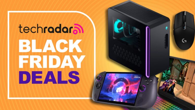 PC gaming hardware against an orange TechRadar deals background