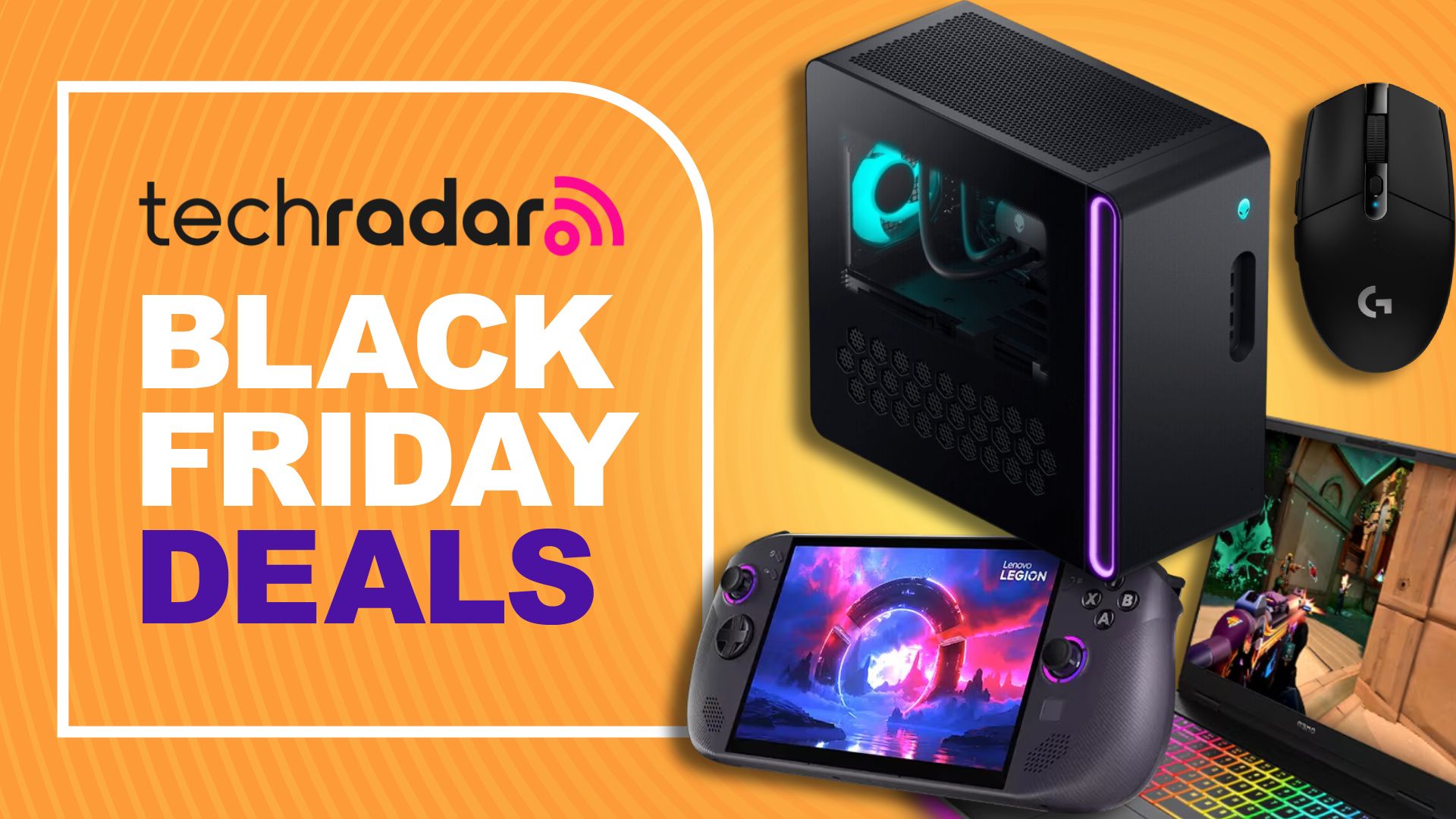 PC gaming hardware against an orange TechRadar deals background