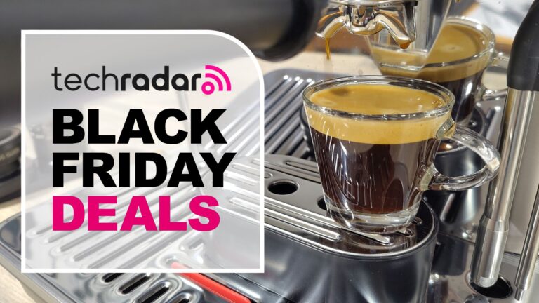 Cup of espresso on drip tray with text reading 'TechRadar Black Friday Deals'
