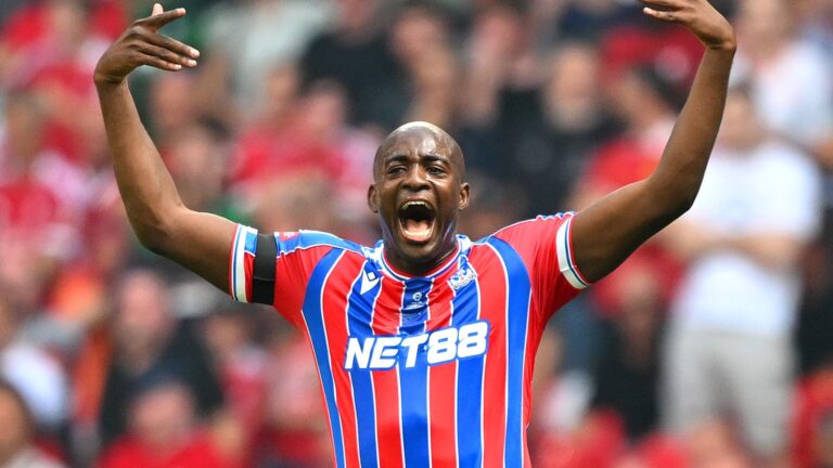 LONDON, ENGLAND - AUGUST 10: Jean-Philippe Mateta of Crystal Palace celebrates after returning to the halfway line after scoring his team's first goal from the penalty spot during the 2025 FA Community Shield match between Crystal Palace and Liverpool at Wembley Stadium on August 10, 2025 in London, England. (Photo by Clive Mason/Getty Images)