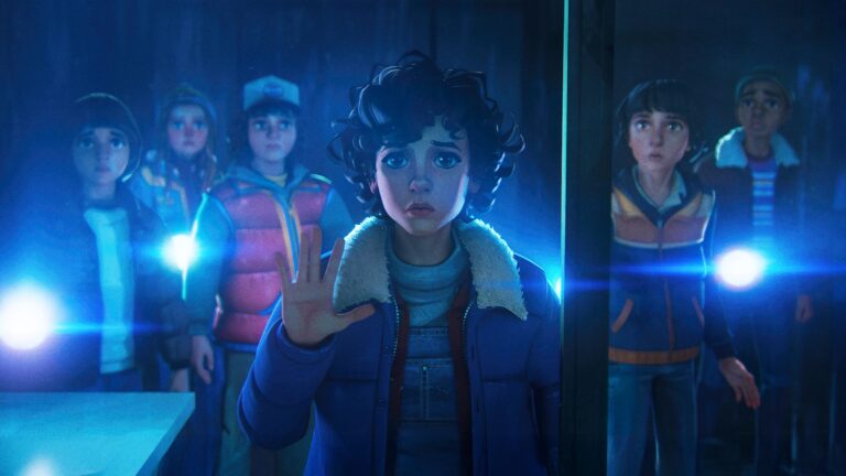 A bunch of kids staring at something behind a thick pane of glass in Stranger Things: Tales From '85