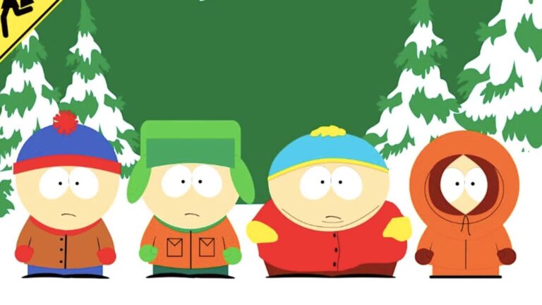 Stan, Kyle, Eric and Kenny stand in a line on snow 