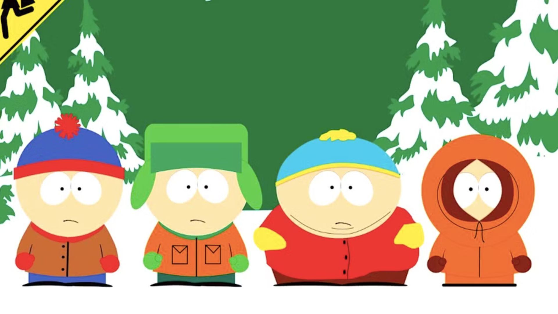 Stan, Kyle, Eric and Kenny stand in a line on snow