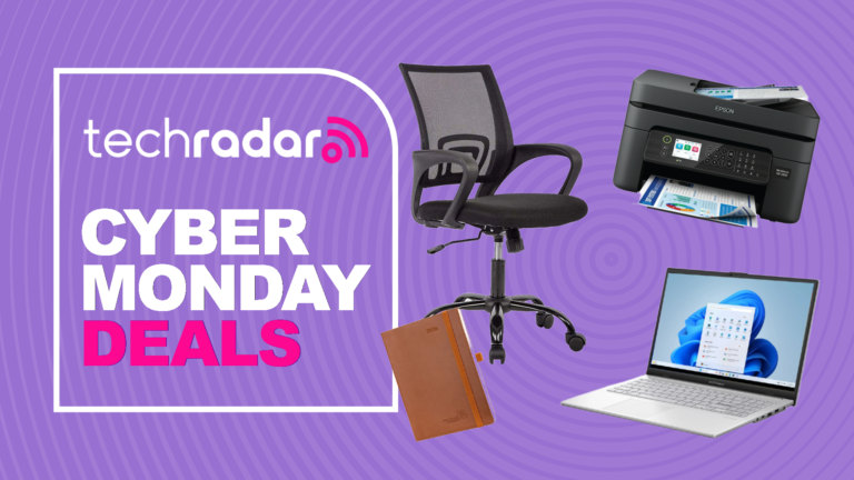 An office chair, notebook, laptop, and printer on a purple background next to a TechRadar badge reading 'Cyber Monday deals'