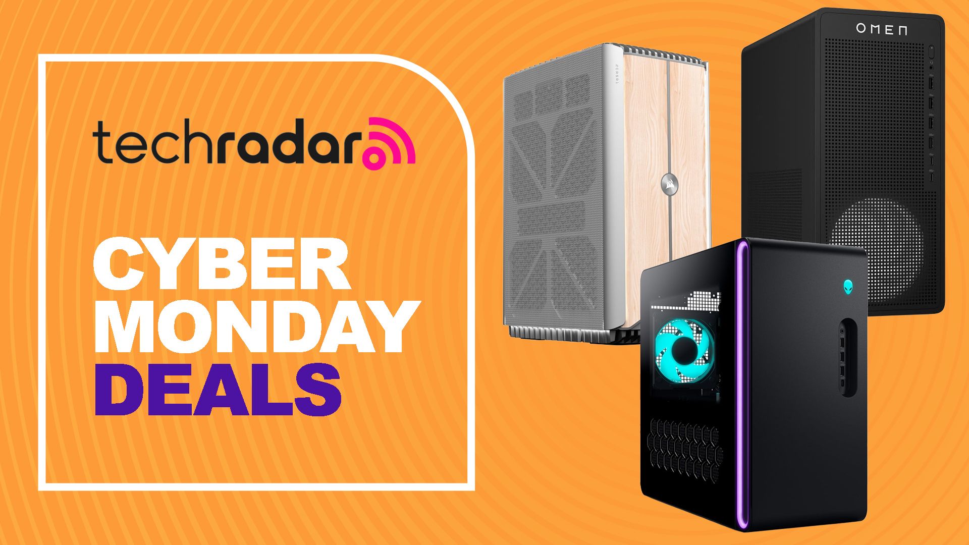 A selection of popular desktop gaming PCs on an orange background with concentric circles and a badge on the left containing techradar logo and text reading "CYBER MONDAY DEALS"