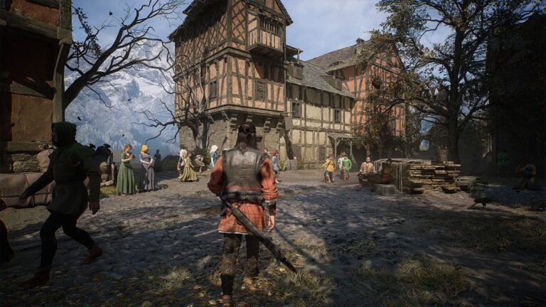A promotional screenshot for The Blood of Dawnwalker the shows the protagonist entering a town.