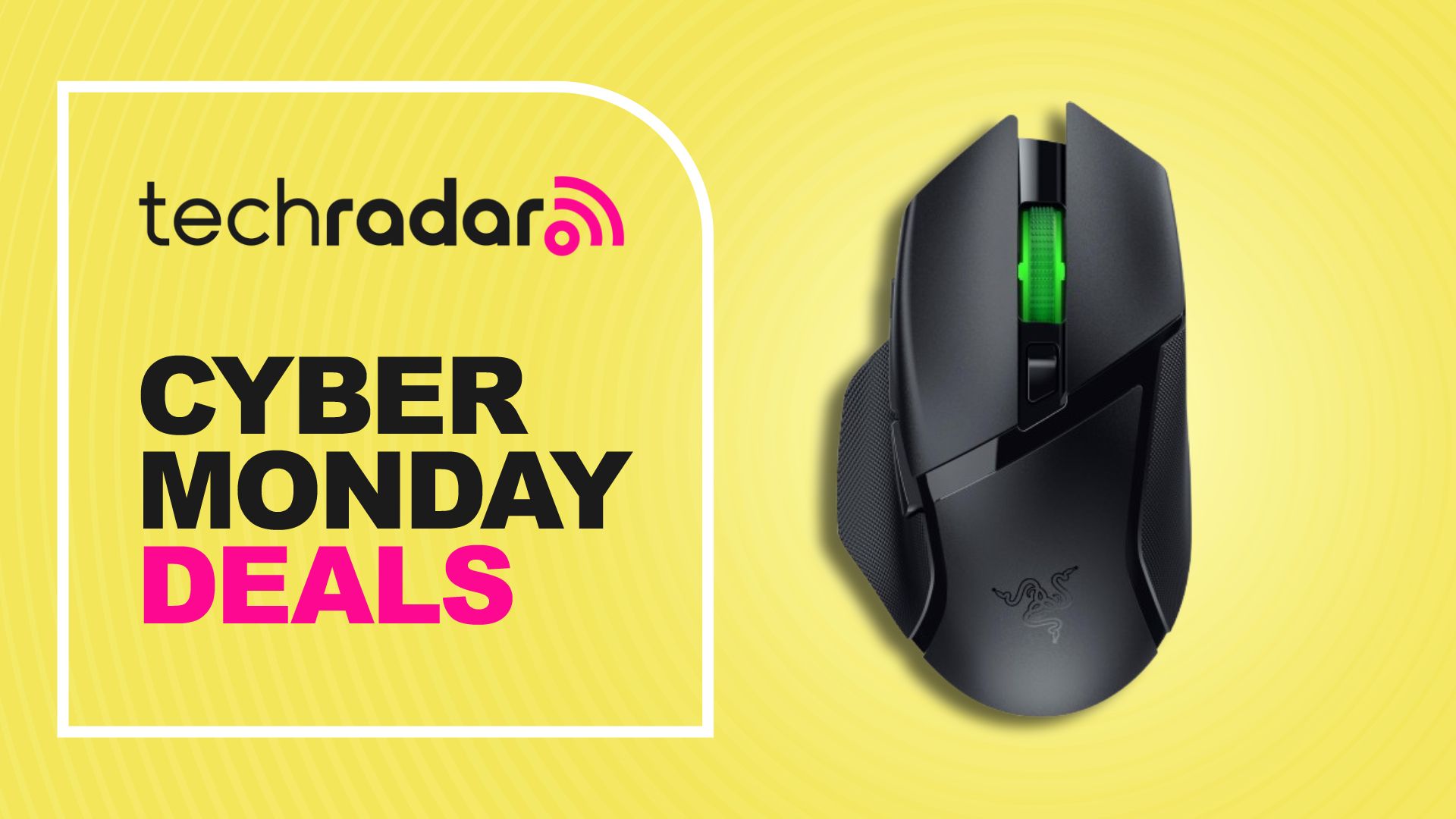 Razer Basilisk V3 X HyperSpeed gaming mouse against a yellow TechRadar deals background