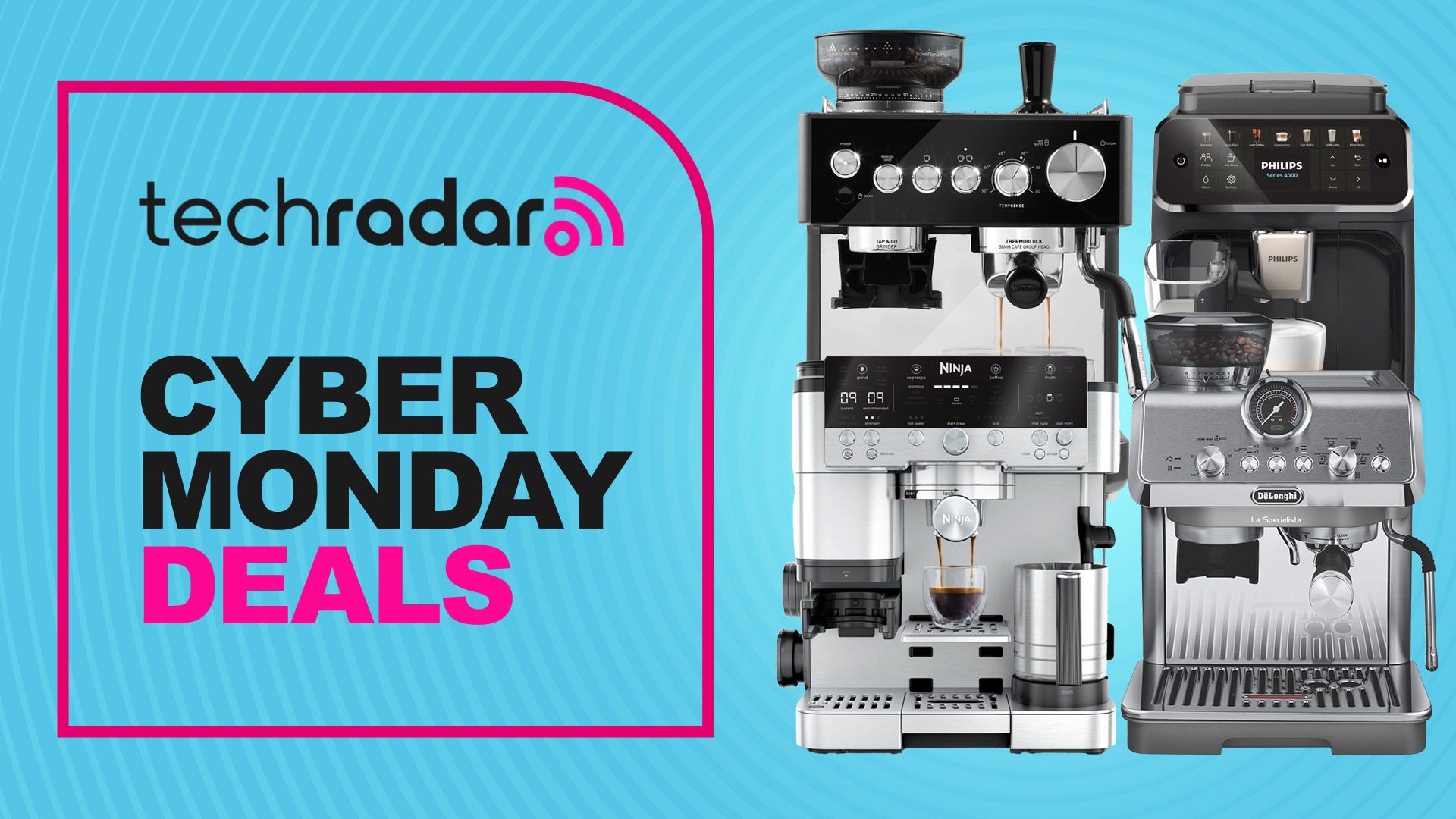 Four cofee machines on a blue background with "Cyber Monday Deals" text