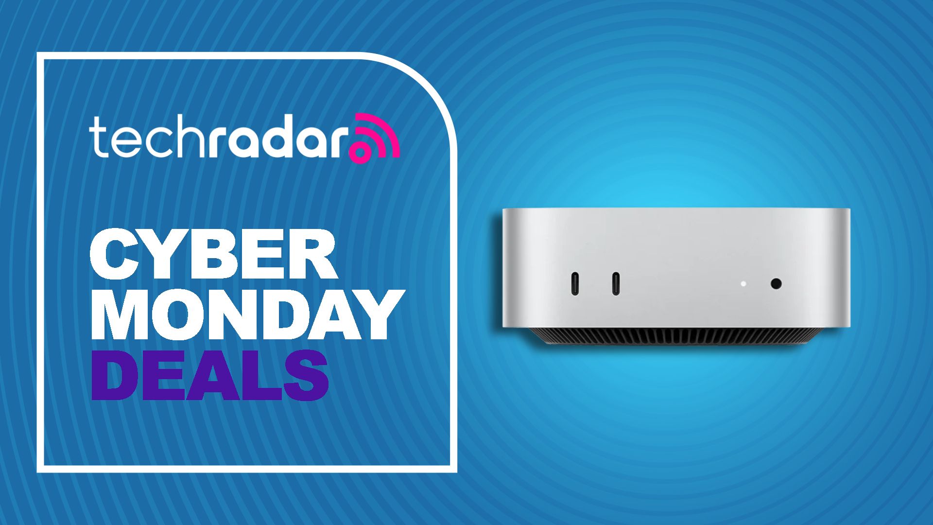 Apple Mac mini M4 pc against a blue TechRadar deals background