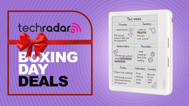 A white Kobo Libra Colour ereader on a purple TechRadar Boxing Day deals background