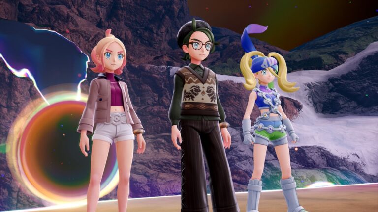 Pok&eacute;mon Legends: Z-A's Korrina, Taunie, and Hamish in Hyperspace 