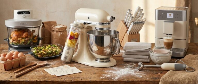 A collection of creamy white colored kitchen appliances and accessories on a wooden counter