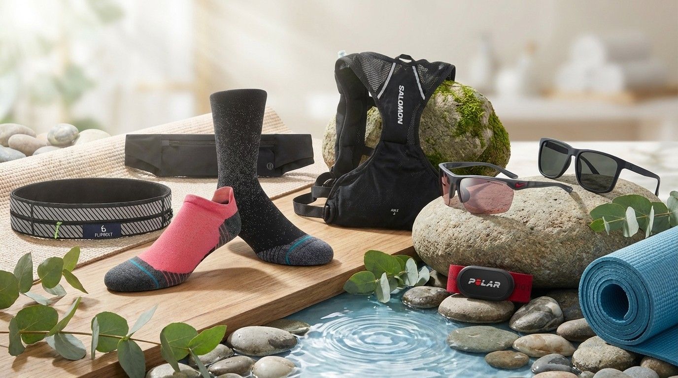An AI-generated collage of Stance socks, Flipbelt, Polar H10 heart rate monitor, running sunglasses, a Salomon running backpack and more