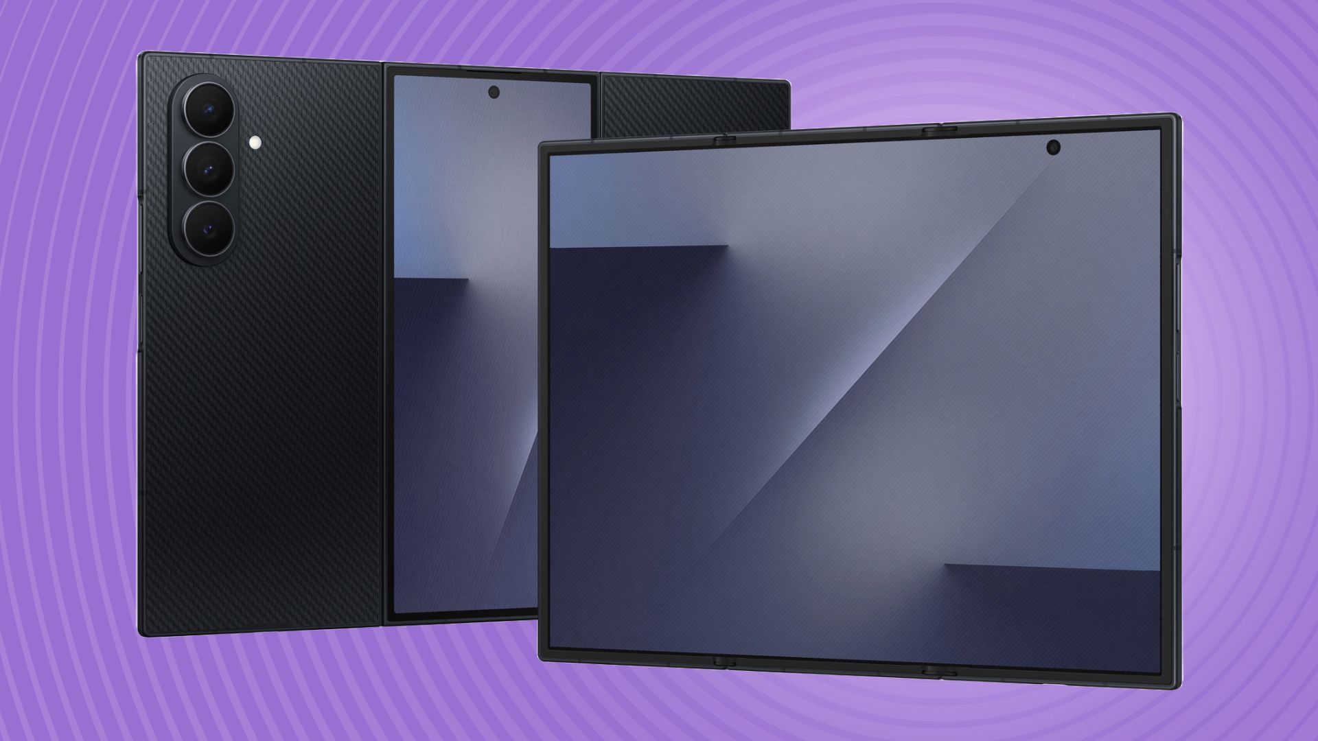 The Samsung Galaxy Z Trifold on a purple background