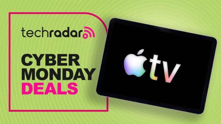 The Apple TV logo on an iPad next to the words 'TechRadar Cyber Monday deals'