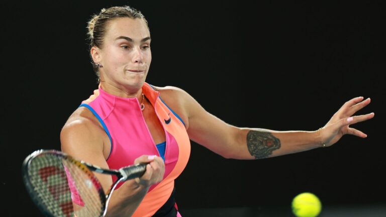 Aryna Sabalenka plays a forehand during the 2026 Australian Open at Melbourne Park.