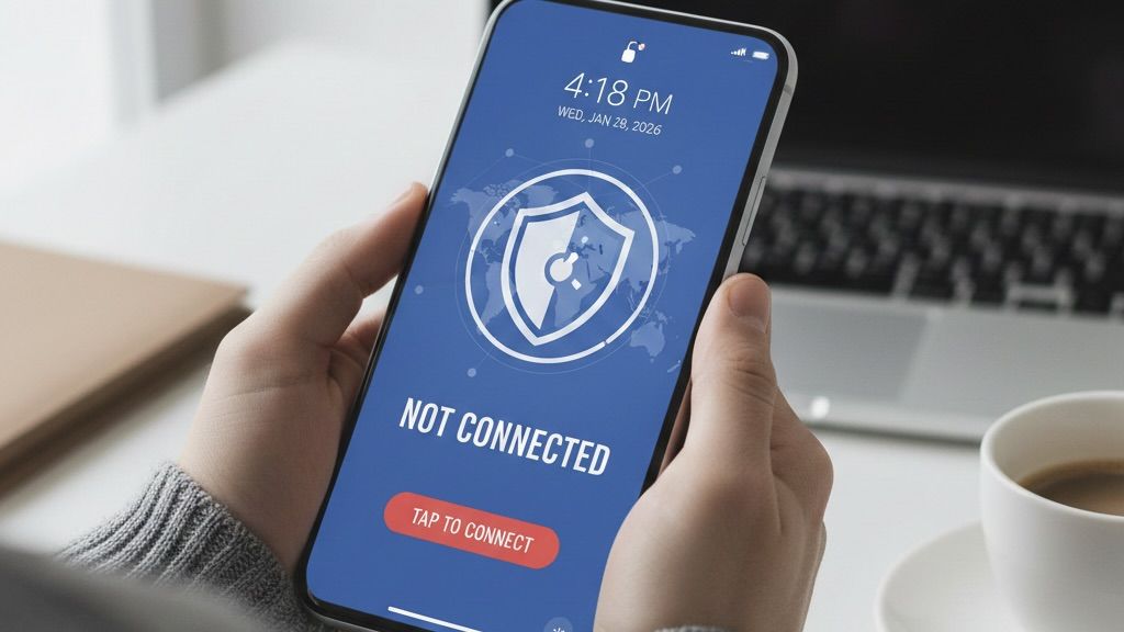 Person holding a phone that shows a VPN that is not connected