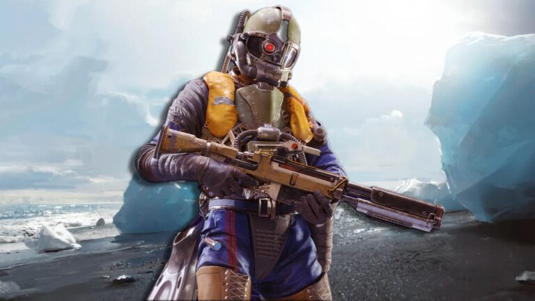 A Raider wears a diving helmet and suit, and poses with a ramshackle assault rifle against a background showing an icy beach shore environment.