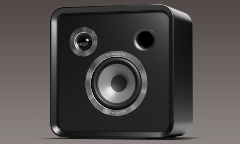 Eversolo speaker close up, with grille removed, on purple background