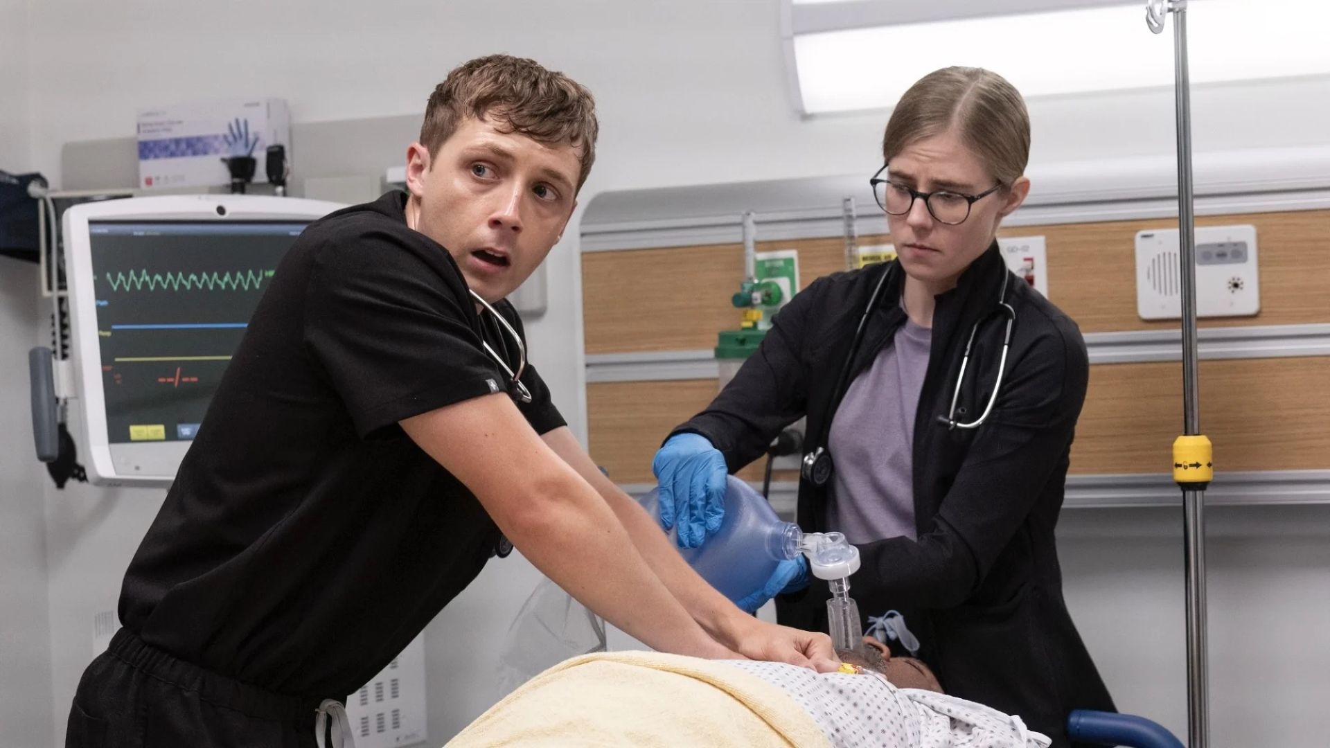 Dr Whittaker and Dr King perform CPR on a patient