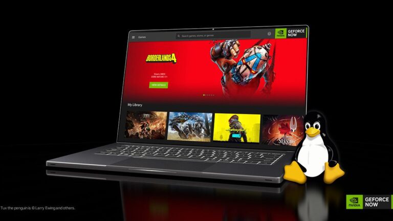 Nvidia GeForce Now shown running on Linux laptop with penguin in foreground