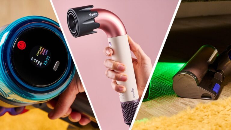 Close ups of two Dyson vacuums and a Dyson hair dryer