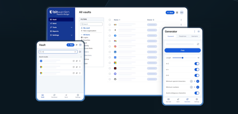 Bitwarden password manager user interface on tablet, mobile, and computer.