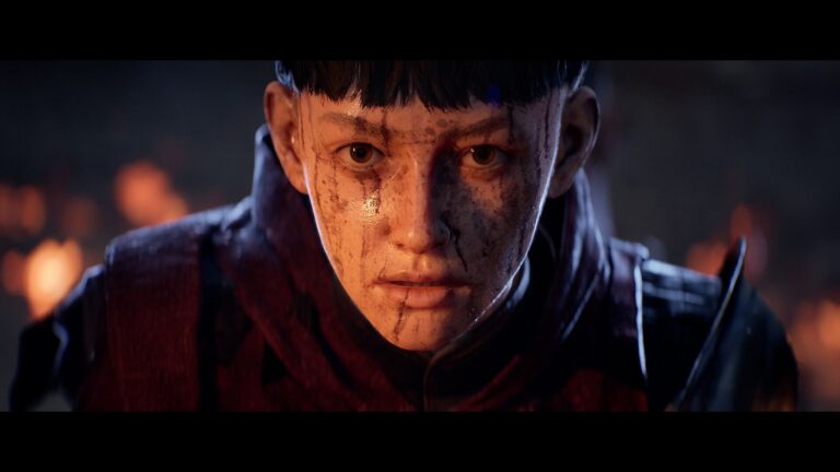 1348: Ex Voto's playable protagonist Aeta faces the camera with dirt and blood covering her face