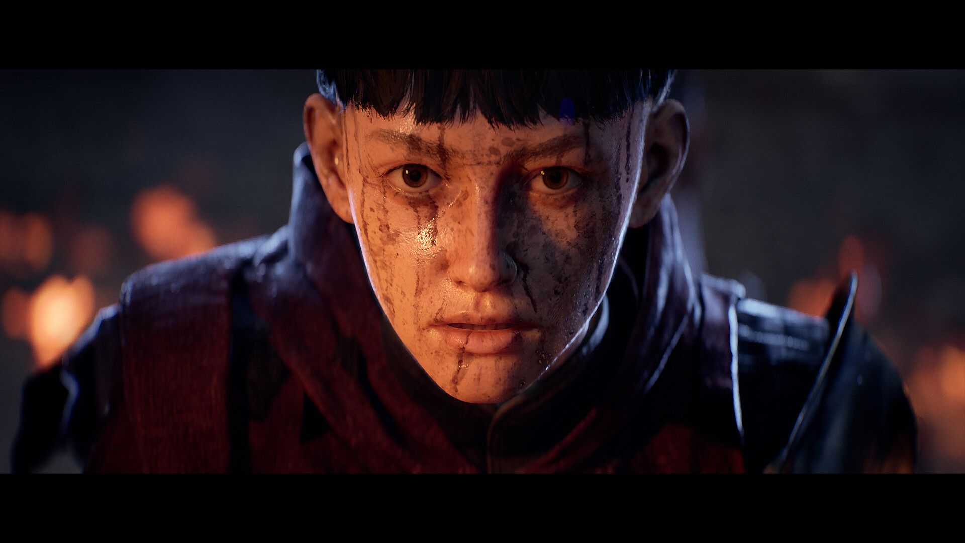 1348: Ex Voto's playable protagonist Aeta faces the camera with dirt and blood covering her face