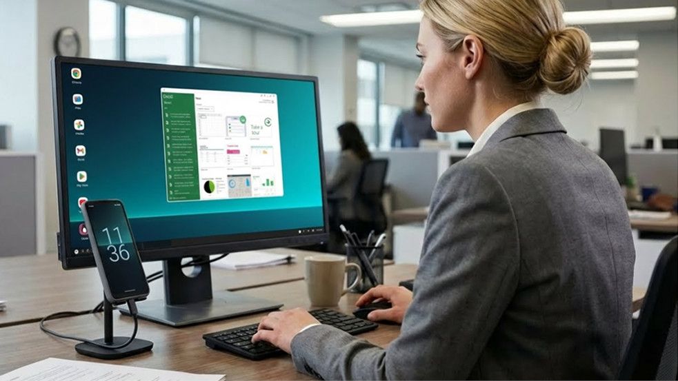 NexPhone shown on a desk connected to a monitor